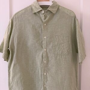 Brooks Brothers Men's Button Down Short Sleeve 100% Linen Green Shirt M Beachy